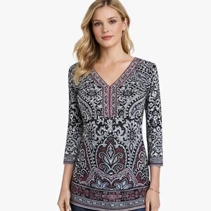 WHBM Boho Paisley Tunic XS V-Neck Long Sleeve NWT